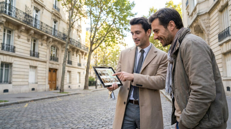 Un agent immobilier montre des annonces d'appartements sur une tablette à un client dans une rue de Paris.