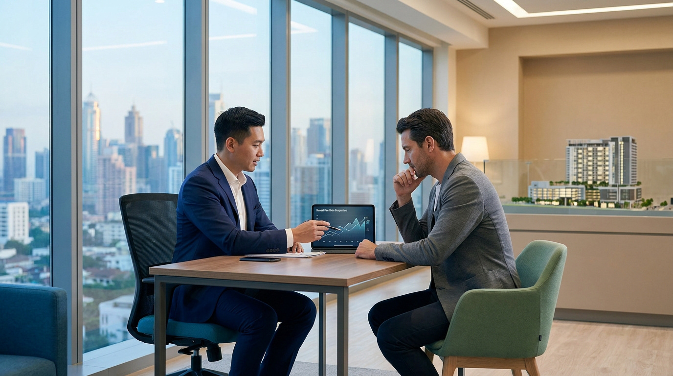 Conseiller financier présentant des graphiques sur une tablette à un client dans un bureau avec vue sur la ville.