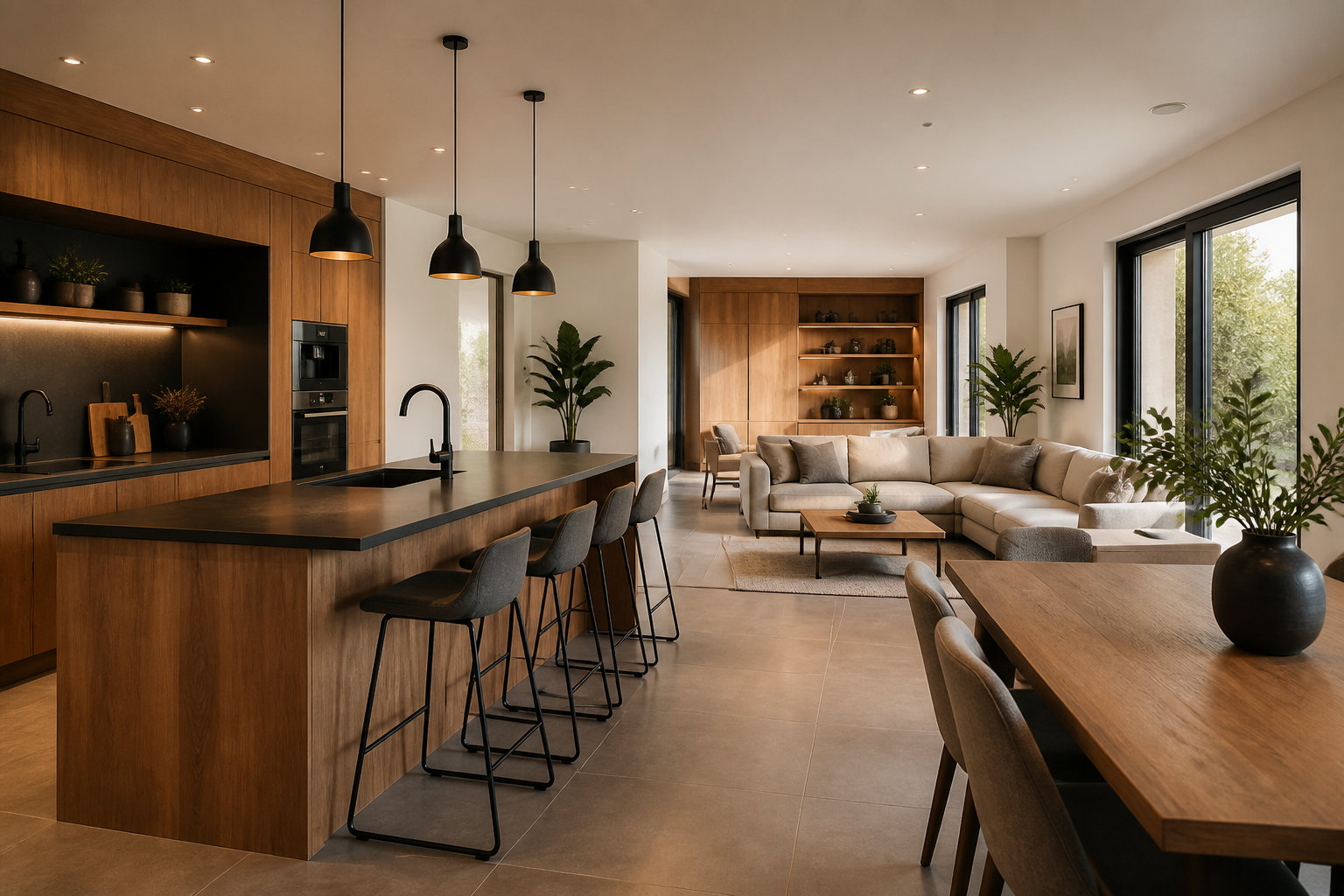 Quel meuble TV choisir pour un salon ouvert sur la cuisine ou la salle à manger ? 9 Harmoniser les matériaux entre le coin salon et la cuisine